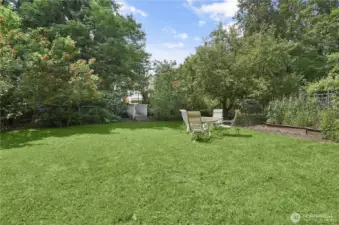Talk about an awesome back yard. VERY PRIVATE with garden beds and razlberries