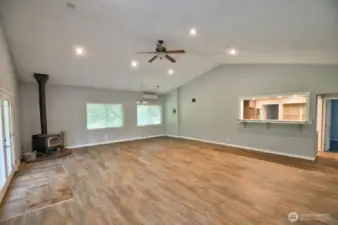 Large family room with wood stove