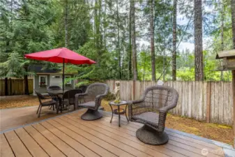 Fenced back yard with 2 Trex decks