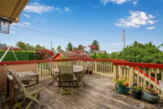 Deck off the kitchen overlooks the backyard, Puget Sound, and the surrounding neighborhood — ideal for outdoor dining and relaxing.
