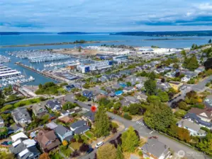 Aerial view of the North Everett neighborhood with Puget Sound, Jetty Island, and the marina in the background — showcasing the home's prime waterfront-adjacent location.