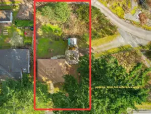 Aerial drone view showing approximate property lines and lot layout.