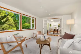 French doors separate the views from the Den towards the great room and kitchen.