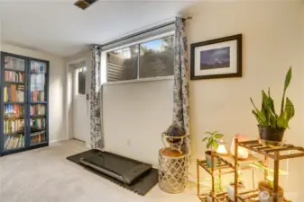 The basement flex room, doubling as a stylish office, boasts convenient outdoor access, perfect for a creative workspace or chill hangout spot with a modern edge.