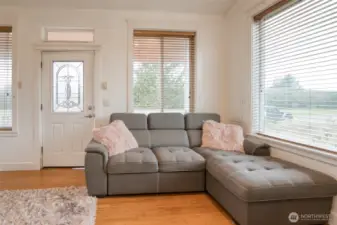 Front door and living room.