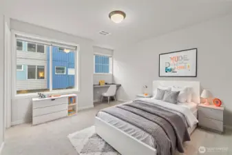 Second bedroom with dedicate work desk, ensuite bathroom & walk-in closet (virtually staged)