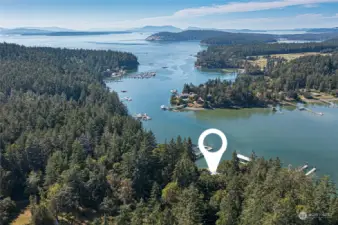 The location of the home on Mitchell bay. Open Bay, Henry Island, Haro Strait and Vancouver Island in the distance.