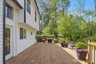 Large, spacious deck with a greenbelt backdrop.