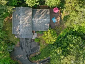 The aerial view of the lot reveals the true, private nature of the lot with deciduous and evergreen trees and plantings.