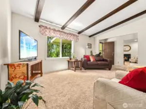 View of the Family Room entry and a peek into the Living Room with cozy wood stove. (Yes...that IS a real dog on the sofa! Little Ghillie is super sweet and sadly won't stay with the property - haha!)