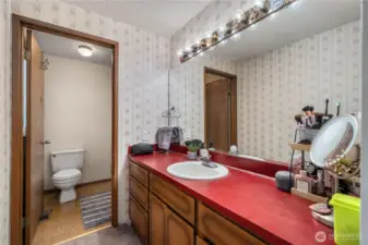 Private en suite featuring a spacious vanity, warm wood accents, and ample counter space for everyday essentials.