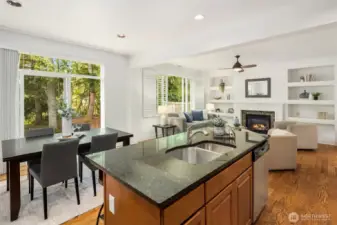 Kitchen open to dining and living space.