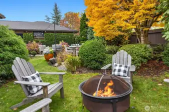 Firepit and pond in back yard