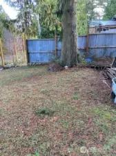 Looking towards the neighbor's fenced garden and eclectic fence & property.