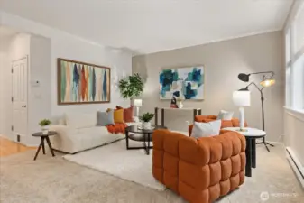 Spacious living room hardwired for internet.