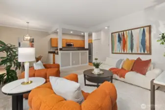 Spacious living room hardwired for internet.