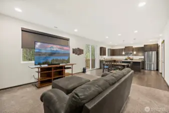 Custom window treatments throughout. The living room blind is power operated.