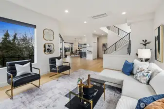 Open concept living with large picture window