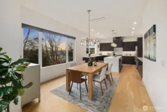 Dining area windows with Lutron system blinds