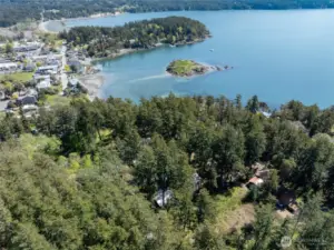 Aerial perspective with Village of Eastsound and all of it's amenities just a short stroll away.