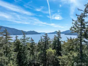 Sun-drench South facing marine views through the treetops and down East Sound.