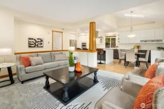 Cozy family room with built-ins and warm, inviting charm.