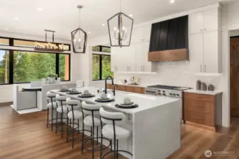 custom cabinetry with waterfall edge counters.