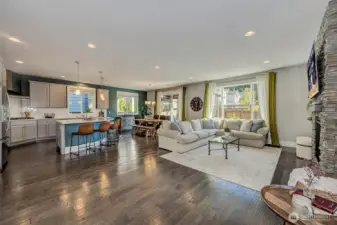 Open concept kitchen, family room, and dining area