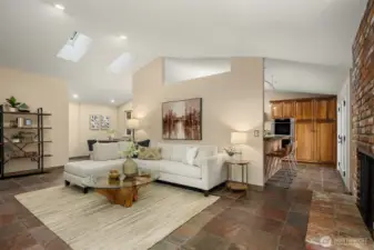 Family room adjoins kitchen and breakfast nook with an easy circular flow