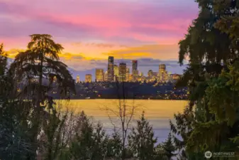 Partial views of the Seattle City Skyline, Lake Washington and snow covered Olympic  Mountains.