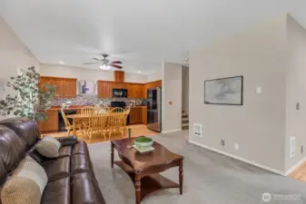 Living room looking at eating area and kitchen