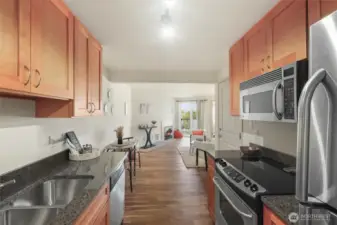 The kitchen is open to the living area for easy hosting.