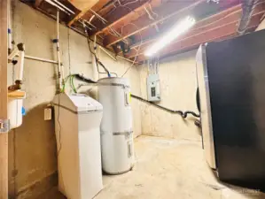 utility room with water heater, extra refrigerator that stays and water filtration system for home.
