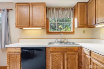 The window above the kitchen sink looks out to the driveway and the trees beyond.