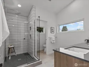 Welcome to your pristine, relaxing primary bathroom!  Model home.