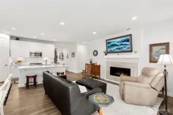 Living room with updated gas fireplace.