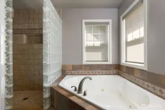 Primary bathroom with jetted bathtub and walk in tiled shower