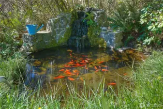 Beautiful koi pond with a cascading water feature creates a peaceful and inviting outdoor setting. Surrounded by natural landscaping, it offers a tranquil space to relax and enjoy the property’s serene environment.