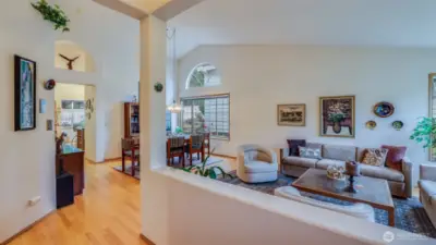 As you enter the home this will be your first view of this sparkling home.  Tall ceilings and large windows allow the sun to pour in.