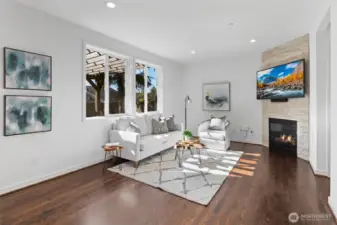 Inviting family room includes a pet abode.