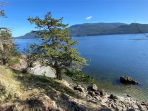 Shoreline has pebbled cove beach and rocky out croppings