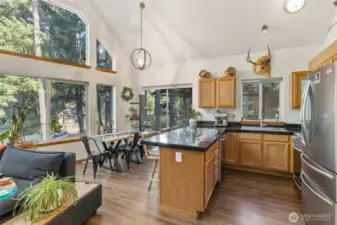 Dining room and kitchen with ample seating for all.  Imagine entertaining in this space, you could be a part of the party, while cooking and at the same time doing all of that with a view of the trees and nature outside.