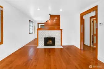 Tiled fireplace.