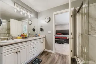 Dual vanity in the primary bath for convenience.