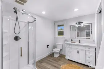 Open style primary bath with walk in closet
