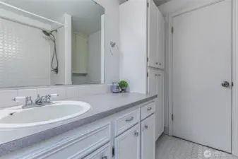 Tons of storage space in the full bathroom too.