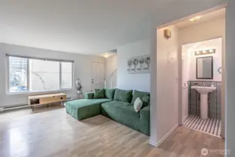 The half bath is remodeled and super cute with plenty of storage!