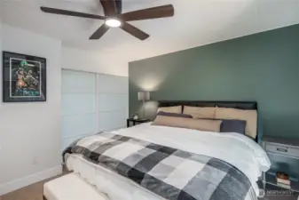 Primary with ceiling fans & 2 closets with custom organizers