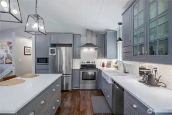 Island with storage & pendant lights