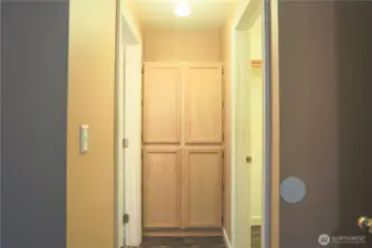 Primary bedroom access to bathroom and walk in closet, and built in cabinets/storage.